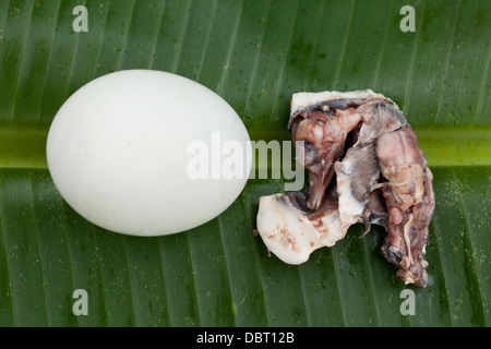 A duck embryo from a shelled balut, or fertilized duck egg, is pictured alongside a whole one in Oriental Mindoro, Philippines. Stock Photo