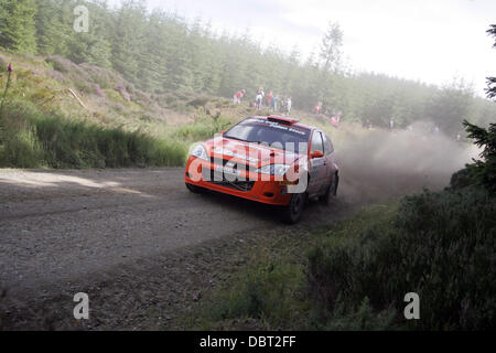 Winners of the Speyside Stages rally David Bogie and Kevin Rae in their Ford Focus WRC on the Gartly Moor Stage, Scotland. Saturday 3rd August, 2013. Stock Photo