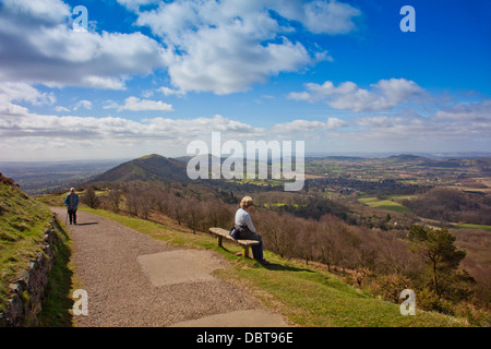 Looking south west towards Herefordshire from the Worcestershire Beacon path in the Malvern Hills, Worcestershire, England, UK Stock Photo