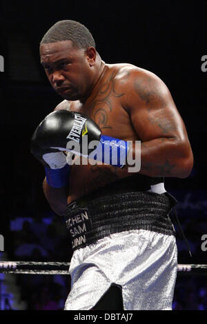 Uncasville, Connecticut, USA. 4th Aug, 2013. August 3, 2013: Dominick Guinn (silver trunks) during his NBC Sports Fight Night 10 round heavyweight bout at Mohegan Sun Arena. Adamek defeated Guinn via unanimous decision. Anthony Nesmith/CSM/Alamy Live News Stock Photo