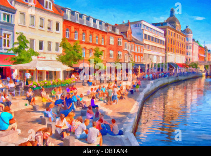 A digital painting of a popular drinking and eating area in the danish city of Aarhus. Stock Photo