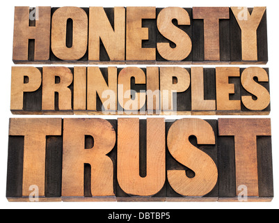 honesty, principles and trust word abstract - isolated text in vintage letterpress wood type Stock Photo