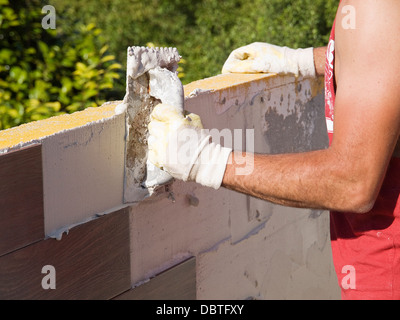 Man spreading tile adhesive on a wall in a sunny day. Stock Photo