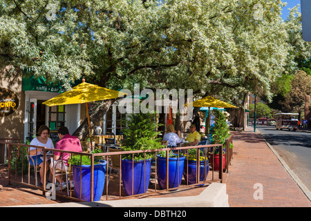 Sidewalk cafe at the junction of Old Santa Fe Trail and E Alameda Street, Santa Fe, New Mexico, USA Stock Photo