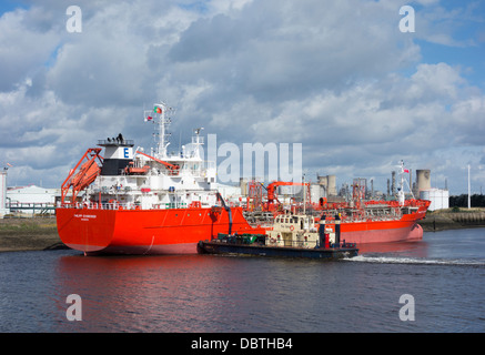 Tanker and resupply boat at Billingham Oil Jetty on the river Tees near Middlesbrough, England, UK Stock Photo