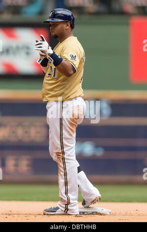 Milwaukee, Wisconsin, USA. 4th Aug, 2013. August 4, 2013: Milwaukee Brewers first baseman Juan Francisco #21 doubles to right field during the Major League Baseball game between the Milwaukee Brewers and the Washington Nationals at Miller Park in Milwaukee, WI. Brewers lead the Nationals 6-5 in the 7th inning. John Fisher/CSM. Credit:  csm/Alamy Live News Stock Photo
