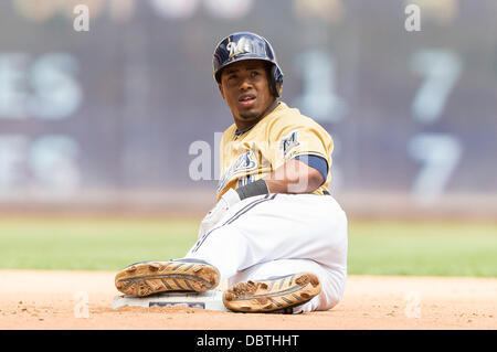 Milwaukee, Wisconsin, USA. 4th Aug, 2013. August 4, 2013: Milwaukee Brewers shortstop Jean Segura #9 looks up after hitting a double in the 5th inning during the Major League Baseball game between the Milwaukee Brewers and the Washington Nationals at Miller Park in Milwaukee, WI. Brewers lead the Nationals 6-5 in the 7th inning. John Fisher/CSM. Credit:  csm/Alamy Live News Stock Photo