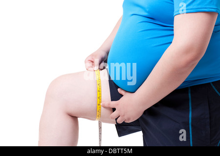 Obese man measuring thigh size with tape measure, midsection Stock Photo