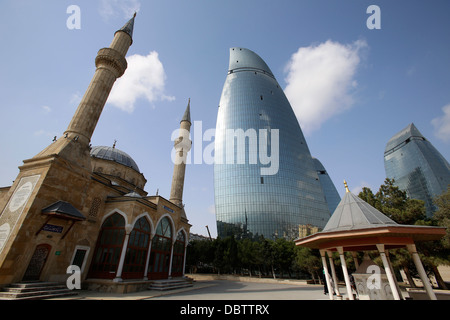 Shehidler mosque and the Flame Towers, Baku, Azerbaijan, Central Asia, Asia Stock Photo