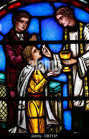 Stained glass window depicting Holy Communion, St. Barth's Church, New York, United States of America, North America Stock Photo