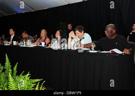 (L-R) Dream job giveaways judges Rob Dearstine, Michael Yo, Dawn Neils, Mindy Lane, Steve Banner and Jimmie 'JJ' Walker during the 'Face of Classic $100,000 Dream Job' event at Seminole Casino Hollywood Classic Hollywood, Florida - 23.08.11 Stock Photo