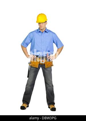 construction worker with hard hat and tools Stock Photo