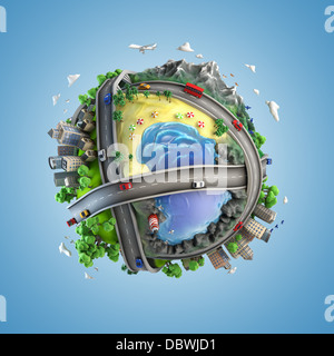 concept globe showing diversity and transport in the world in a cartoony style Stock Photo