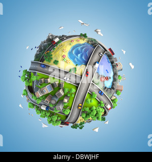 concept globe showing diversity, transport and green energy in a cartoony style Stock Photo