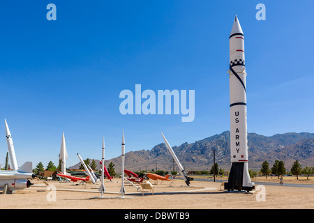 The Missile Park at White Sands Missile Range with Redstone missile in the foreground, near Alamogordo, New Mexico, USA Stock Photo