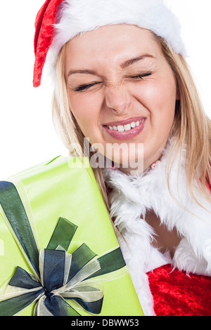 Closeup of Christmas woman making funny faces. Stock Photo