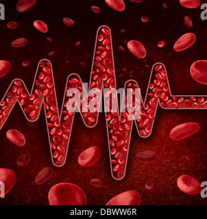 Blood cells concept as a vein or artery shaped as an ECG or EKG as a pulse trace graph monitoring life line with red plasma flowing as a health care and medical symbol for human body circulation diagnosis. Stock Photo