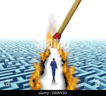 Leader Solutions with a businessman walking through a complicated maze opened up by flames and fire lit by a match as a business concept of innovative thinking for financial success. Stock Photo