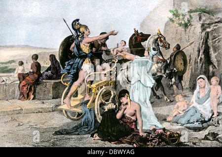 Hector's farewell to Andromache and their son Priam, leaving to battle Achilles, Trojan Wars. Hand-colored halftone reproduction of an illustration Stock Photo