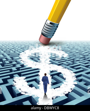 Wealth solutions as a businessman walking through a maze opened up by a pencil eraser that has erased a new path shaped as a dollar sign as a business concept of innovative thinking in money success. Stock Photo