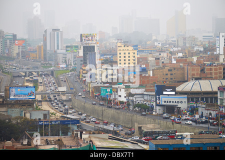 Busy Traffic in the Centre of Lima, BRT Metropolitano Road, Miraflores. Stock Photo