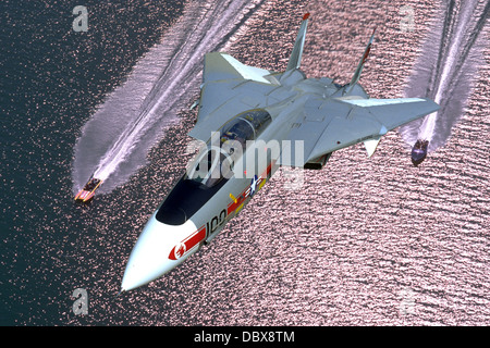 USN F-14 TOMCAT FLYING OVER WATER Stock Photo