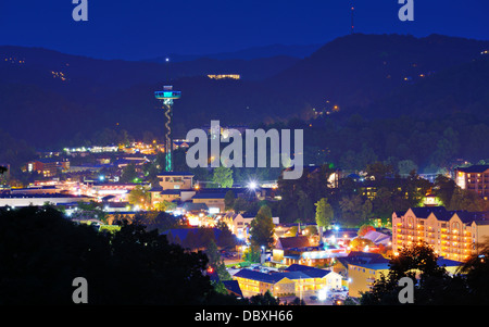 The skyline of downtown Gatlinburg, Tennessee, USA in the Great Smoky Mountains. Stock Photo