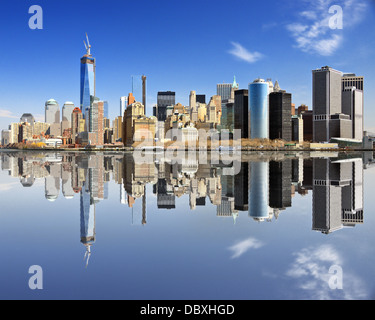 New York City at Lower Manhattan with reflections. Stock Photo