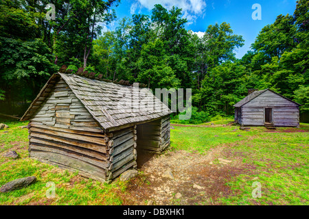 Log cabins at Roaring Fork Motor Trail in Great Smoky Mountains National Forest. Stock Photo