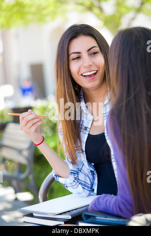 Attractive Expressive Young Mixed Race Female Student Sitting and Talking with Girlfriend Outside on Bench. Stock Photo