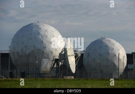 Bad Aibling, Germany. 06th Aug, 2013. Radomes (radar domes) are pictured at the Bad Aibling Station near Bad Aibling, Germany, 06 August 2013. Bad Albing Station was a large spy station of US intelligence organization NSA (NAtional Security Agency). Photo: ANDREAS GEBERT/dpa/Alamy Live News Stock Photo