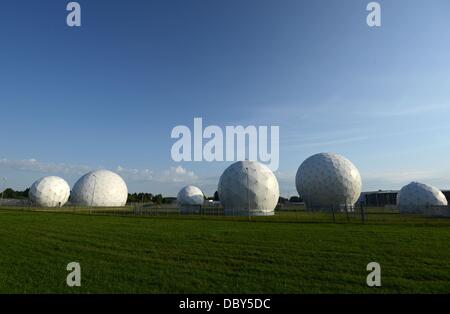 Bad Aibling, Germany. 06th Aug, 2013. Radomes (radar domes) are pictured at the Bad Aibling Station near Bad Aibling, Germany, 06 August 2013. Bad Albing Station was a large spy station of US intelligence organization NSA (NAtional Security Agency). Photo: ANDREAS GEBERT/dpa/Alamy Live News Stock Photo