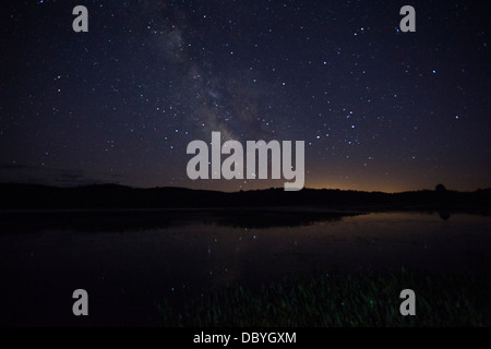 Starry night sky over Lake of Two Rivers, Algonquin Provincial Park Stock Photo