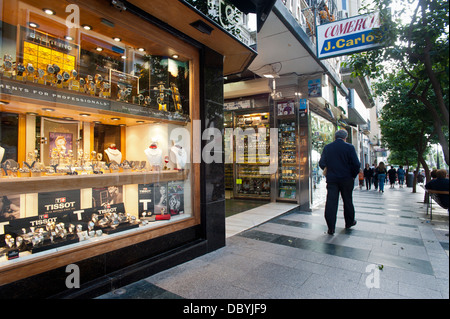 Jewelery shop at Paseo Revellin, Ceuta has the status of free port and a series of tax breaks favor the trade. North Africa. Stock Photo