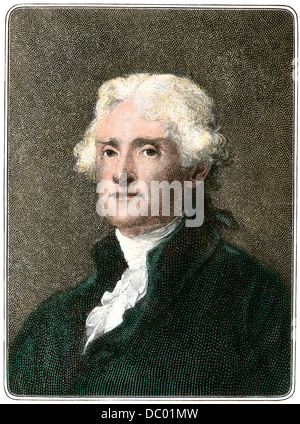 Thomas Jefferson portrait. Hand-colored woodcut Stock Photo