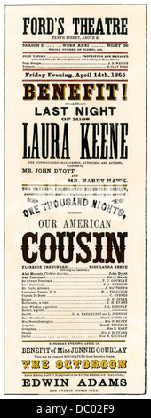 Ford's Theatre playbill for 'Our American Cousin' performance when Lincoln was shot. Hand-colored woodcut Stock Photo