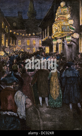 Celebration after George Washington's inauguration, New York City, 1789. Hand-colored woodcut of a Howard Pyle illustration Stock Photo