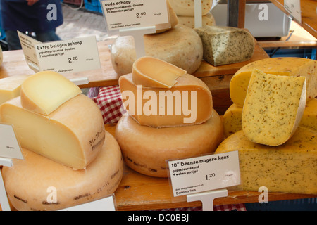 Amsterdam Netherlands Holland Europe cheese display stall in the Noordermarkt Stock Photo