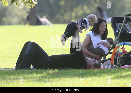 James Corden with baby Max enjoying the sunshine at a park in Primrose Hill. London, England - 28.09.11 Stock Photo