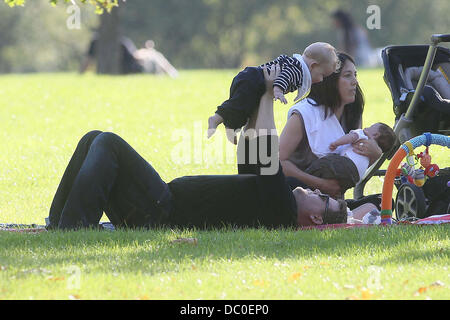 James Corden with baby Max enjoying the sunshine at a park in Primrose Hill. London, England - 28.09.11 Stock Photo