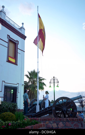 Solemn act of the lowering the flag at the Ceuta General Command in the traditional tribute to the fallen. Ceuta.North Africa. Stock Photo