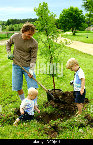 A father and his children, a young boy and a baby, are planting a tree Stock Photo