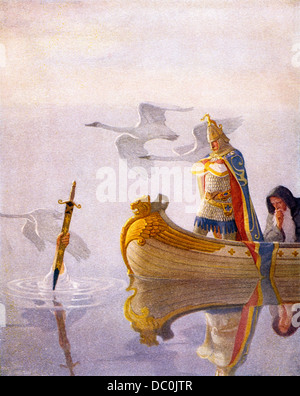 KING ARTHUR SWORD OF POWER EXCALIBUR IN LAKE  BY N. C. WYETH FROM A BOY’S KING ARTHUR Stock Photo