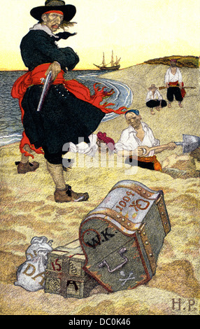 1690s ILLUSTRATION PIRATES ON BEACH DIGGING UP BURIED TREASURE BY HOWARD PYLE Stock Photo