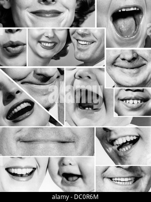 1950s 1960s COLLAGE MONTAGE OF SMILING LAUGHING MOUTHS OF MEN WOMEN BABIES Stock Photo