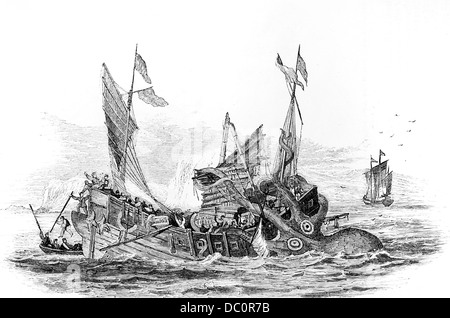 ILLUSTRATION OF COLASSAL SEA MONSTER SQUID ATTACKING A VESSEL SHIP IN THE INDIAN SEA GAFF RIGGED CHINESE JUNK 1800s 1860s Stock Photo