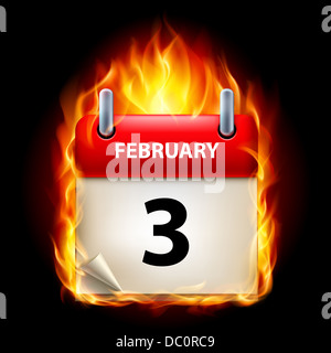 Third February in Calendar. Burning Icon on black background Stock Photo