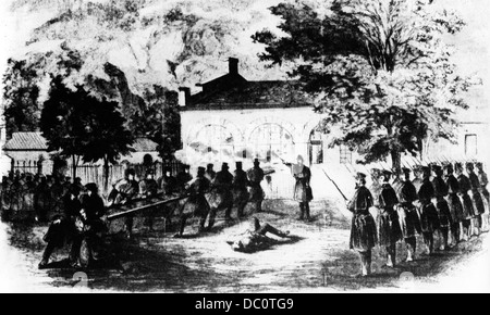 1800s 1850s OCTOBER 1859 COLONEL ROBERT E. LEE'S MARINES BREAKING INTO ENGINE HOUSE HARPER'S FERRY WV CAPTURING JOHN BROWN Stock Photo