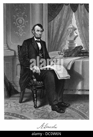 1860s 1800s SEATED PORTRAIT ABRAHAM LINCOLN PRESIDENT WITH SIGNATURE FROM PAINTING BY NAST Stock Photo