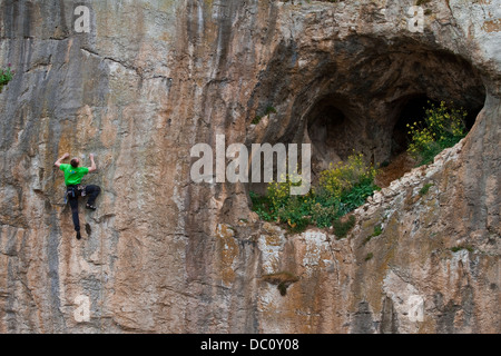 A rock climber climbing at the Great Orme sea cliffs near Llandudno, Snowdonia, North Wales, UK Stock Photo